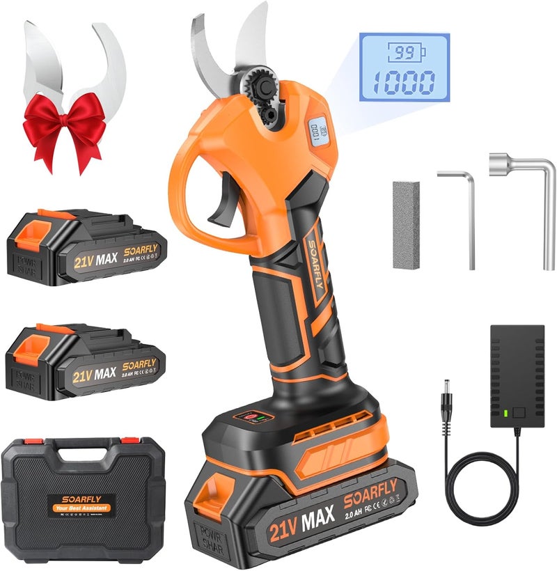 SOARFLY Upgraded Electric Pruning Shears, 1.5'' Cutting Diameter, Brushless Motor Cordless Pruner with LCD Display, 2 x 2000mAh Batteries & Extra SK5 Blades for Garden, Orchard & Branches - Image 1